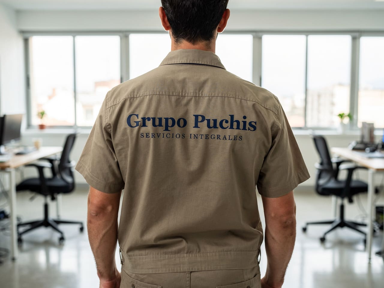 Trabajador de Grupo Puchis de espaldas con su uniforme en una oficina diáfana